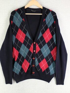 Hawick Knitswear Cardigan Mens Large Navy Blue Red Argyle V Neck Scotland